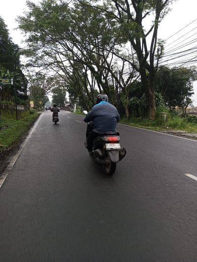 The scene depicts a wet asphalt road in the city of YonPhoogla, Bhutan, on an overcast day. In the immediate foreground, a person wearing a black helmet and a blue and grey jacket rides a dark-colored scooter away from the viewer. The scooter's rear license plate displays "F 3930" and "BJ-25". Ahead of this scooter, a second individual, also wearing a helmet, rides another dark-colored scooter in the same direction. The road surface is dark and appears damp or wet. To the left of the road, a dirt shoulder borders a vegetated bank where a light pole stands, and a green directional sign labeled "BAMP" with an arrow pointing right is visible. Further down this side, structures are discernible through the foliage. The right side of the road is bordered by dense green vegetation and numerous large trees with prominent, spreading branches, some forming a canopy over the road. Overhead, utility lines traverse the light grey, overcast sky.