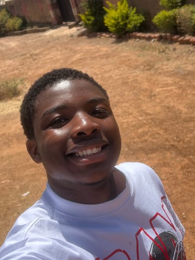 An outdoor image, taken in Kirana, Nigeria, captures a young individual with dark skin and short, dark, curly hair, positioned in a close-up, slightly upward-angled view. The individual is smiling broadly towards the camera, revealing white teeth, and wears a white short-sleeved t-shirt with a partially visible red and black graphic design on the chest. The background features dry, reddish-brown earth with sparse, desiccated vegetation patches. Behind the individual, in the mid-ground, are several small green ornamental shrubs. To the upper left, a building constructed of reddish-brown material with darker vertical banding and a partially visible dark, recessed doorway is present. The scene is brightly illuminated by natural daylight.