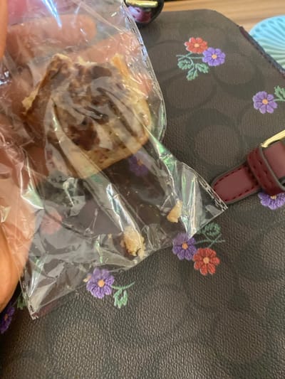 A light-skinned hand holds a partially consumed, irregular-shaped baked item, possibly a pastry or muffin, contained within a crinkled clear plastic wrapper. Visible inside the wrapper are crumbs and dark brown and light beige remnants of the food item. The item and hand rest upon a dark brown surface, identified as a textile or leather material, featuring a repeating "C" monogram pattern and embroidered floral motifs in purple, orange-red, and green. A burgundy-colored strap with a gold-toned buckle is visible on the right edge of this surface, indicating a purse or bag. The scene is located in Baganakwo, Nigeria.