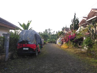 The image depicts a residential street in Mouangkeo, Laos. The scene is an unpaved or brick-paved pathway, appearing somewhat overgrown with moss and small weeds. On the left, a portion of a single-story house with a light-colored wall and a brown tiled roof is visible, along with a concrete pillar. Adjacent to the house and bordering the pathway, a red, compact van or minivan is parked, partially obscured by a dark, possibly gray or blue, tarp covering its upper sections. The vehicle displays a rear Indonesian-style license plate with the registration "F 9494 FE" on a white background with black characters. Behind the vehicle, a large-leafed plant, possibly a banana tree, is visible. The right side of the pathway features multiple two-story houses with light-colored walls and brown tiled roofs, heavily concealed by dense, overgrown vegetation including tall trees, bushes, and vibrant pink/purple flowering plants. A utility pole with overhead wires is situated on the right side. The sky is bright and uniformly overcast, without clear visibility of the sun. No people, actions, or direct interactions are visible in the frame. The overall environment suggests a tropical or subtropical setting with a lush, somewhat unmaintained landscape.