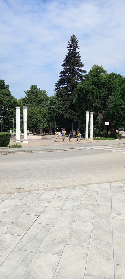 A paved area with a crosswalk and a street is in the foreground. Behind the street, there is a public space with several people, trees, and two large white columns. The columns are classical in design, with a fluted shaft and a capital. The people are walking and standing around, some of them appearing to be children. The trees are tall and lush, providing shade. In the background, there is a large evergreen tree, possibly a pine or fir, that stands out from the surrounding foliage. The sky is blue with some scattered clouds. The scene suggests a park or a public square in an urban environment. Specifically, this image captures the area near the "Drustar" hotel in Silistra, Bulgaria, showcasing a portion of the city's public spaces with notable architectural elements and natural surroundings.