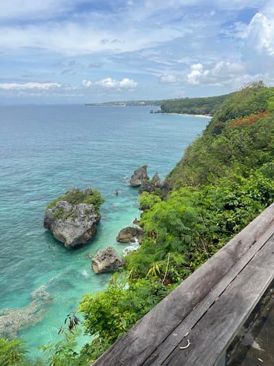 A breathtaking coastal view from a wooden railing. Lush greenery covers a cliffside, dropping down to turquoise waters with scattered rock formations. Waves gently crash against the rocks. The sky is a mix of blue and wispy clouds, hinting at a calm, serene day.