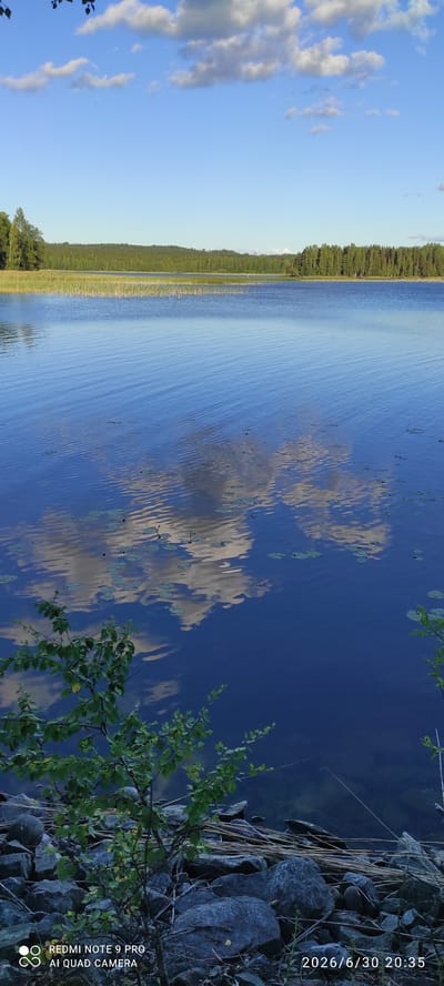 The image depicts a serene natural landscape, likely a lake or large body of water, in Joutsa, Finland. The scene is dominated by the expansive blue water, reflecting the sky and scattered clouds. The surface of the water exhibits gentle ripples, suggesting a calm day. Along the left edge of the frame, a clear blue sky with wispy white clouds is visible, hinting at fair weather.
In the background, a dense line of green trees forms the shoreline, with tall reeds or grasses growing at the water's edge. To the right, the bank is rocky and uneven, with various-sized stones and dried reeds. A small branch with green leaves extends into the frame from the upper right, adding a touch of foreground detail.
The time of day appears to be late afternoon or early evening, indicated by the soft lighting and the angle of the sun, which creates subtle shadows and highlights on the water and rocks. The overall mood is peaceful and tranquil, evoking a sense of quiet contemplation of nature.
Visible text in the lower right corner reads "REDMI NOTE 9 PRO" and "AI QUAD CAMERA," identifying the device used to capture the image. Another text overlay at the far right of the image displays "2026/6/30 20:35," which is a date and time stamp.