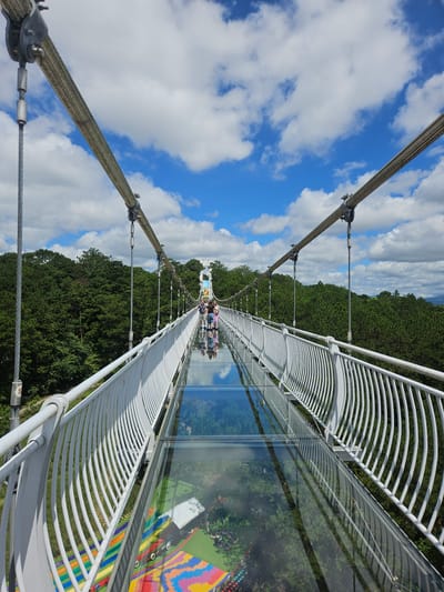 This is a photograph of a glass-bottomed suspension bridge stretching over a dense forest under a bright blue sky with scattered white clouds. The bridge has white railings and thick steel cables supporting it. People are walking along the bridge, visible in the distance. The glass floor offers a clear view of the green trees and foliage below, as well as colorful patterns on what appears to be a ground-level attraction. The perspective is from the bridge itself, looking forward along its length. The lighting suggests it is daytime, possibly mid-morning or afternoon, with the sun casting shadows and illuminating the scene. The overall mood is one of leisure and exploration, with visitors enjoying the elevated perspective and the unique transparent walkway. The location is identified as Lam Vien - Da Lat, Vietnam.