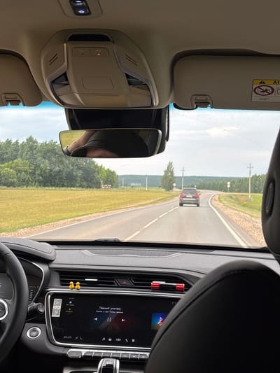 The image shows the interior of a car driving on a paved road through a rural landscape, with a view of fields and trees. The dashboard is visible, featuring a touchscreen display showing music playback and a QR code. Two small yellow duck figurines are placed on the dashboard. The driver, wearing a hat, is partially visible in the rearview mirror. In the distance, another car is driving ahead on the same road. The sky is overcast. The location is identified as Дюсьметьево, Russia, suggesting a journey through this area.