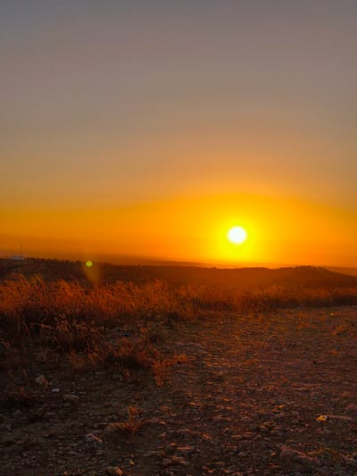 A wide shot captures a dramatic sunset over a dry, hilly landscape. The sun, a brilliant orb of light, is positioned slightly to the right of the frame's center, casting an intense orange glow across the sky. The sky transitions from a pale, almost gray hue at the top to a vibrant orange and yellow near the horizon. In the mid-ground, a patch of dry, golden grass with numerous small, seed-like heads stretches across the frame, illuminated by the setting sun. Some of these heads appear to be some type of thistles. Beyond the grass, rolling hills fade into the distance, silhouetted against the bright sky. A small cluster of buildings is visible on a distant hill to the left. The foreground is a rough, stony ground, with scattered rocks and dry vegetation. A few pieces of trash, including a blue object and white wrappers, are visible amidst the stones and grass. The overall impression is one of arid, natural beauty bathed in the warm, fading light of day. The location is the outskirts of Be'er-Sheva, Israel, likely a nature reserve or undeveloped area.