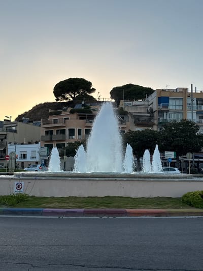 The image captures a public fountain in the city of Blanes, Spain, likely at dusk or dawn given the soft, warm light and the clear sky. The fountain, the central focus, is illuminated from below and sprays water in multiple jets, with a prominent central jet reaching higher than the others. It is situated in a circular roundabout with a low-lying landscaped area of grass and some greenery. The roundabout's edge is decorated with colored blocks, including purple, blue, orange, and yellow.
Behind the fountain, a cityscape unfolds. Buildings of various heights and architectural styles are visible, suggesting a densely populated urban area. Many of these buildings have balconies and some appear to be residential or commercial properties. One prominent feature is a steep, tree-covered hill on the left side of the image, with a large, full-bodied tree dominating its crest. Signs indicating traffic direction and street names are also present.
Cars are seen on the road bordering the roundabout, and a few people are faintly visible in the background, suggesting everyday urban activity. The overall impression is of a lively, well-maintained public space within a coastal town.