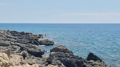 The image shows a rocky coastline along the Mediterranean Sea in Leporano, Italy. The foreground is dominated by dark, jagged rocks, with some lighter, sand-colored rocks interspersed. The sea is a clear blue, with lighter turquoise hues closer to the shore, indicating shallow water. The horizon is a sharp line separating the sea from a pale blue sky with a faint white band of clouds in the distance. There are no people or man-made structures visible in the image, emphasizing a natural, undisturbed landscape. The overall impression is one of a rugged and serene coastal environment.
