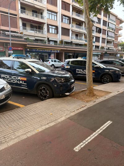 The image depicts a street scene in Palma de Mallorca, Spain, with a focus on several parked vehicles and a building facade. Two dark blue police cars, marked "POLICIA NACIONAL" and with the Spanish flag emblem, are prominently featured in the foreground. One police car, designated with the number "C091", is parked closest to the viewer, its right front wheel is turned outwards. A lighter-colored vehicle is parked to its left. Behind the police cars, a white SUV is visible, and further back, another dark-colored vehicle is parked. The vehicles are parked on a street adjacent to a sidewalk paved with square tiles. The background reveals a multi-story building with a facade of light brown and beige tones. The building features multiple balconies with white railings and brown shutters. Several businesses are located on the ground floor, including "FARMACIA LLUCH" and "FOTOCopies". A tall tree with a textured trunk stands in the middle of the scene, partially obscuring the building. The overall environment suggests an urban setting on a clear day, with ample natural light.
