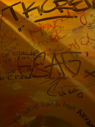 The image depicts a close-up, medium shot of graffiti on a textured, likely wooden, surface, illuminated by a strong light source casting dramatic shadows. The graffiti is in various colors, predominantly dark brown, black, and some lighter hues, with some areas showing smudged red and orange paint, suggesting artistic expression or vandalism.
In the upper portion, bold, dark lettering forms the word "TKC" or a similar stylized word. Below this, several phrases and names are visible in a mix of handwritten and spray-painted styles. Some discernible text includes "Clare," "Liebe," "Tato," "Die Bitches," "Lydi," "Wir lieben," "Christi," "Kouga," "HOE'S HE," "Ich dich," and "Egal wie viel Kraft du hast." There are also numerous heart symbols and abstract shapes drawn on the surface.
One section of graffiti, in dark purple, appears to be a stylized name or symbol, possibly "AG" or "AS" within a geometric shape. Another notable inscription reads "Vallbern!" in dark purple. To the right, smaller text notes "NET?" followed by "ABER W" and "SCHON" and "WER D". Towards the bottom right, the word "ALEXAN" is visible, partially cut off.
The overall impression is one of a well-used, possibly urban, public space where graffiti is prevalent. Given the presence of German text and the context of graffiti, a potential location in Leipzig, Germany, is plausible, though not definitively ascertainable from the image alone. The lighting suggests either natural sunlight at an angle or a strong artificial light source. The surface appears to be aged and possibly weathered. There are no people or animals visible in the frame.