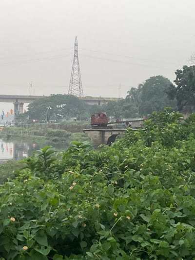 The image depicts a hazy scene near Tarabo, Bangladesh. An electrical transmission tower stands prominently in the left of the image. There is a bridge or overpass visible behind the tower, with possible road traffic or structures beneath. A water source is likely present, as suggested by a possible reflection. A large bush with green leaves occupies much of the right side. A black bird can be seen perched on a structure amidst some machinery.