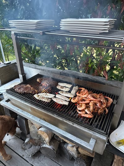 An outdoor grilling scene is depicted on a wooden deck in Saint-Jean-d'Aulps, France. A large, stainless-steel outdoor grill, appearing charcoal-fired with visible embers and rising smoke, occupies the central and lower-right portions of the frame. On the main grill grate, two thick cuts of beef steak are cooking on the left, alongside approximately six seasoned white fish fillets positioned centrally. A substantial pile of whole, cooked shrimp occupies the right side of the grill.
Above the main cooking area, on an integrated upper warming rack, two stacks of clean, white square plates are warming, each stack containing an estimated seven plates. Below the grill, a neat stack of cut firewood logs is stored.
In the lower-left foreground, a reddish-brown dog, with only its head and upper body visible, faces the grill, appearing to observe the cooking process. The immediate environment includes wooden deck planks. The background reveals dense green foliage and trees, indicating a natural outdoor setting. A white platter is partially visible on a surface to the far left, and a partial view of another white plate with a yellow item is seen on the far right. No human subjects are visible.