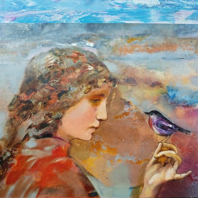 The image is a painting depicting a profile view of a young woman's face, her head turned towards a small bird perched on her outstretched hand. The woman has wavy, textured brown hair and delicate facial features, with her gaze directed downwards towards the bird. She is wearing a red garment. The bird, with iridescent purple and white plumage, is the focal point of the interaction. The background of the painting is abstract and textured, with broad strokes of blues, grays, oranges, and pinks, suggesting a landscape or sky. The painting style is expressive, with visible brushstrokes and a rich interplay of colors and textures. The scene is not set in any specific urban environment; it is a stylized and artistic representation rather than a realistic depiction of a location in Ждановіцкі сельскі Савет, Belarus.