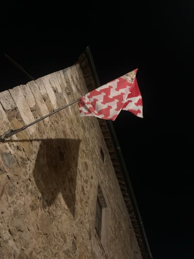 A red and white flag with a repeating geometric pattern is mounted on a metal pole attached to a stone building at night. The flag is partially illuminated, creating a shadow on the building. The building appears to be made of rough-hewn stones. The sky is dark, suggesting it is nighttime. The image is taken from a low angle, looking up at the flag and building. The building is part of a historical structure in San Quirico d'Orcia, Italy.