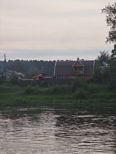 The image shows a body of water in the foreground, with a grassy embankment and a line of trees in the middle ground. Behind the trees, several houses and buildings are visible, including a prominent wooden house with a dark brown roof and a balcony. A chimney on the wooden house is emitting a faint stream of smoke. A dark fence runs along the embankment in front of the houses. The background consists of a dense forest, and the sky above is overcast with soft, diffused light. There are no people visible in the image. The scene suggests a rural or semi-rural setting, likely a village or dacha community.
