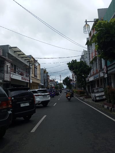 The image depicts a street scene in the city of Vaatharawattai, Sri Lanka, under an overcast sky. An asphalt road, marked with white dashed and solid lines, extends into the distance, flanked by multi-story commercial buildings.
On the left side of the street, several vehicles are parked parallel to the curb. In the foreground, a dark-colored SUV, possibly a Daihatsu or similar model, displays a license plate reading 'F 7695 CR'. Ahead of it, a white SUV, possibly a Toyota Fortuner, is also parked. The buildings on the left feature various architectural styles, some with awnings and balconies. A prominent sign on one building clearly displays text, including 'BERKAH JIEWA'. Numerous black electrical or communication wires crisscross overhead.
On the right side of the street, buildings continue to line the road. One building exhibits a greenish textured facade. A decorative street lamp with a caged glass fixture protrudes from a building wall. Further down, a 'No Parking' sign (red circle with a diagonal line) is visible on a pole near the sidewalk. A white compact utility vehicle is parked partially on the sidewalk. Green foliage, including trees and shrubs, is present along the right sidewalk and in planters.
In the middle of the road, a motorcyclist, carrying a passenger, is observed traveling away from the viewer. Other vehicles, including cars and motorcycles, are visible further down the street, indicating active traffic. In the distant background, a tall cellular or communication tower is discernible against the cloudy horizon, and more urban structures extend into the haze.