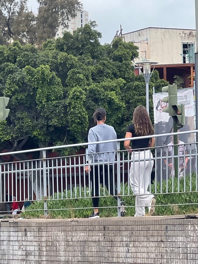 Here is a description of the image:
The image, taken at eye level, depicts two individuals walking past a metal railing. The first individual, closest to the camera, is wearing a light grey top, black pants, and black and white sneakers. They have short, dark hair and are wearing a dark baseball cap. The second individual, positioned further back, has long, wavy brown hair and is wearing a black top and white pants with white shoes. Both individuals are walking from left to right. A sign is fixed to the railings between the two figures. In the background, lush green trees dominate the view, with buildings of varying heights visible behind the trees. The foreground shows a tile-covered area on the other side of the railing. Based on the style of the railing, the buildings, and the vegetation, the location is most likely in the city of Las Palmas in Spain.