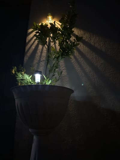 A plant sits in a large pot on a pedestal, lit by a small solar light and a decorative lantern above. The lantern casts a patterned shadow on a textured wall. The scene appears to be outdoors, possibly in a garden or patio area, in Villa Pasquali, Italy. No people are present in the image. The lighting is dim, suggesting it is nighttime or dusk.
