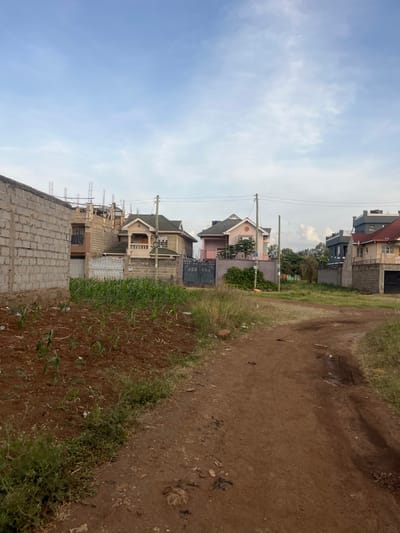 This image depicts a residential scene in Gitothua ward, Kenya, characterized by a mix of developed and undeveloped land under a partly cloudy sky.
In the foreground, a reddish-brown dirt path curves gently from the lower left to the right side of the frame, showing signs of vehicle tracks and minor erosion. To the immediate left of the path, a patch of cultivated red soil contains numerous young green plants, consistent with corn or maize shoots, arranged in rows. Further left, a partially constructed wall made of light-colored concrete blocks stands vertically.
The midground features several houses. Immediately behind the cultivated land, a two-story house is under construction, identifiable by exposed rebar extending upwards from the unfinished roofline and raw brickwork. Adjacent to it, a beige-colored finished house with a dark green roof and a small balcony is visible, enclosed by a white-gated fence. Further right, a pink-colored house with a dark roof and another small balcony is visible, also behind a dark-colored metal gate. Utility poles with overhead wires run horizontally across the scene, connecting to some of the properties. More distant houses, including one with a gray upper story and a red roof, are visible on the far right.
The background shows scattered green vegetation and trees beyond the houses. The sky is a light blue with sparse white, wispy clouds, suggesting either early morning or late afternoon lighting conditions. No people or active interactions are visible in the scene.