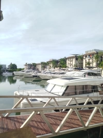 A fleet of white motor yachts are docked in a canal or marina, with a modern, multi-story resort or apartment complex situated along the opposite bank. The resort features a pale beige facade, with balconies and dark-tinted windows, framed by palm trees and lush greenery. The sky is overcast, with soft clouds. In the foreground, a wooden pier with a metal railing stretches across the frame, providing a vantage point to observe the docked vessels and the waterfront buildings. The water is calm, reflecting the yachts and the architecture on the shore. The scene appears to be located at the Laguna Phuket resort area in Ko Kaeo, Thailand, a popular destination known for its luxury accommodations and marina facilities. There are no people visible in the image.