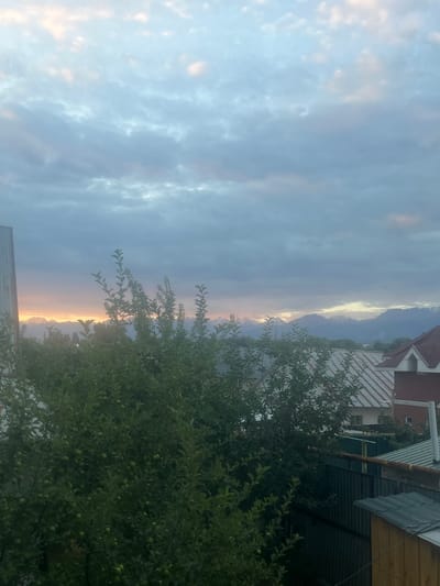 The image depicts a twilight scene with a dramatic sky over the city of Qaskeleñ, Kazakhstan. The sky is filled with a mixture of soft, pale clouds and darker, more defined formations, with hints of orange and pink from the setting or rising sun visible in the distance, illuminating the snow-capped peaks of mountains. In the foreground, lush green trees, some bearing small, unripe fruits, dominate the lower half of the frame, obscuring parts of the suburban landscape. Several rooftops of houses, some with corrugated metal roofs in various shades of orange and gray, are visible peeking through the foliage. A tall, vertical metal structure, possibly part of a building or fence, is on the far left. The overall impression is one of a peaceful, natural setting within a residential area, with the majestic mountain range serving as a backdrop.