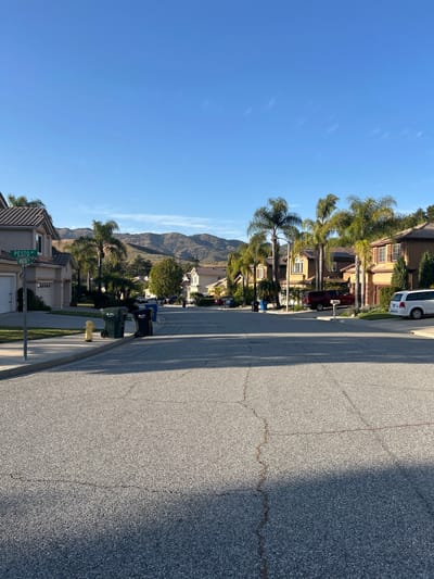 The image shows a residential street in Oak Park, United States of America. The street, paved in asphalt, is flanked by sidewalks, well-manicured lawns, and two-story homes. Palm trees line the street and tower over the houses. The houses are primarily beige and brown in color, with tiled roofs. Mountains are visible in the background under a clear blue sky. A street sign indicates the intersection of Pesto Way and Anzio Way. Several trash cans and a yellow fire hydrant are on the side of the road. Cars are parked on both sides of the street. The sun casts long shadows on the right side of the road.