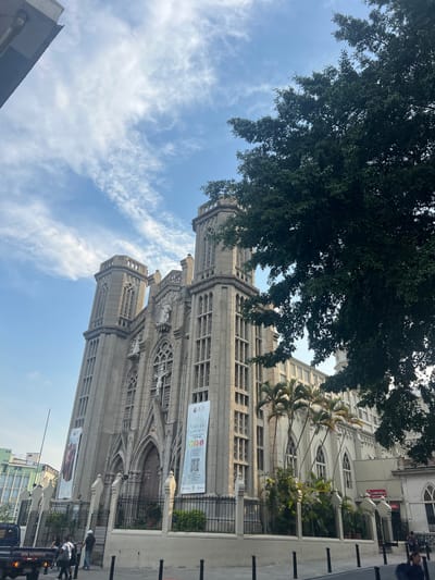 Here is a description of the image:
The image shows the Iglesia El Rosario, a church located in downtown San Salvador, El Salvador. The church is a tall, gray stone structure with two towers, adorned with Gothic-style arches, windows, and statues. There are banners hanging on the church's façade. Parts of the building are obscured by the foliage of a large tree on the left side of the image. A portion of the sky is visible, with scattered clouds. The view is from street level, and parts of the surrounding urban environment are seen. A motor vehicle is parked beside the building. People are standing beside the fence of the building.