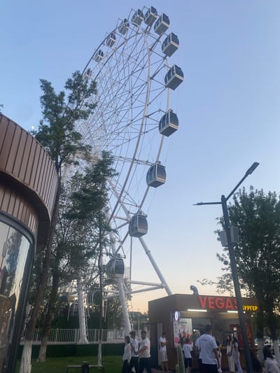 This media file depicts a Ferris wheel in an amusement park or entertainment area, likely in Manas, Kyrgyzstan. The scene is set outdoors, with a clear blue sky suggesting fair weather and daytime, possibly late afternoon or early evening given the lighting.
The main subject is the large Ferris wheel, a prominent structure with numerous gondolas. The Ferris wheel's intricate metal framework is visible, as are several of its enclosed, box-like cabins, some of which appear to be grey and blue. Trees with lush green foliage frame the Ferris wheel, adding a natural element to the man-made attraction.
In the background, there are several people, some dressed in white tops and shorts or pants, suggesting a casual outing or possibly staff uniforms. They appear to be interacting near a building with a prominent sign. Visible text on the sign reads "VEGAS" in large, illuminated red letters, and also "БУРГЕР" in yellow, indicating a food establishment, possibly a burger joint. Another smaller sign displays "Bubble Tea." The presence of these establishments and the Ferris wheel suggests a lively recreational area.
The perspective of the image is from a lower angle, looking up towards the Ferris wheel and the sky. The overall mood seems relaxed and recreational, consistent with a theme park or entertainment district. The image is oriented vertically, with the Ferris wheel curving upwards from the bottom left to the top right.