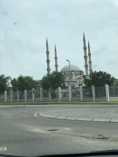 The image displays the Nizamiye Mosque in Midrand, South Africa, viewed from a street-level perspective under an overcast sky. The mosque is a large, light-colored architectural complex featuring a prominent central dome, several smaller domes, and six tall, slender minarets topped with pointed spires. Green trees and bushes are situated along the perimeter of the mosque property, behind a tall fence composed of grey vertical bars interspersed with stout, light-colored concrete pillars. A single black street light pole stands in the midground between the fence and the mosque. In the foreground, a curved section of paved asphalt road with visible cracks and minor potholes runs left to right, bordering a raised, unpaved circular island to its right. The image appears to have been captured from inside a vehicle, indicated by a dark dashboard visible at the bottom edge. A faint, spherical light-colored anomaly is present in the upper left quadrant of the sky. No human figures or active interactions are observed.