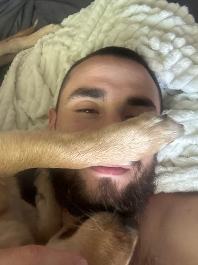 The image shows a close-up of a person's face, partially obscured by a dog's paw. The person is lying down on a fluffy, white blanket. Their eyes are closed, and they appear to be relaxed or asleep. The dog's paw is light brown and rests across the person's forehead and eye. The person has dark eyebrows and stubble on their face. The background is blurred, but it appears to be a dimly lit room. The overall impression is one of intimacy and comfort between the person and the dog. There is no visible text in the image. The time of day is not discernible.