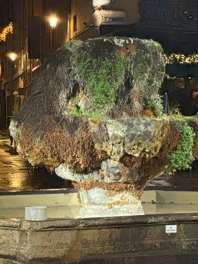 An ancient stone structure covered in vegetation rises from a dark canal. Greenery, moss, and vines envelop the stonework. A concrete structure supports the stone, and a sign is visible. The scene is illuminated by lights reflected on the water's surface. The architecture appears old and weathered, contrasting with the organic growth. The canal reflects building facades.