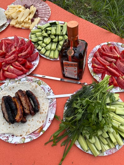 A top-down, medium shot captures a picnic spread on an orange, textured tablecloth outdoors, with grassy terrain visible in the background. The arrangement features several plates of food and a bottle of Cointreau liqueur. On the left, a plate holds slices of cheese and cured meats. Adjacent to it, a plate is piled high with sliced tomatoes. Further down, a flatbread is topped with several grilled sausages, some appearing burnt. To the right of the flatbread, a plate displays chopped cucumbers. A large bunch of fresh herbs, including dill and parsley, rests on top of another plate of sliced cucumbers and green onions. A silver skewer lies across the flatbread and the plate of herbs, connecting the two. The Cointreau bottle, with its distinctive orange cap and label, stands centrally in the upper portion of the frame, positioned between the plates of vegetables and cheese. The scene appears to be set up for a casual outdoor gathering.