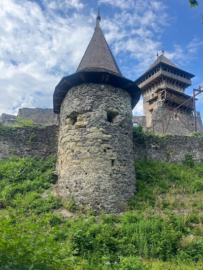 The image captures an ancient stone castle structure in Kamianytsia, Ukraine, viewed from a low angle, looking upwards towards its towers against a partly cloudy sky.
In the foreground, a prominent round stone tower rises, capped with a dark, conical wooden roof composed of shingles and terminating in a pointed finial. The tower's weathered stone surface exhibits varied textures and includes small, irregular openings. Behind and to the right of this round tower, a larger, more elaborate stone and wood structure is visible. This appears to be a main building or keep, featuring a complex wooden upper section with multiple tiers, decorative spires, and a wooden gallery or lookout. Several diagonal metal support beams are present, bracing parts of this older structure.
The castle walls are constructed from irregular, rough-hewn stones, predominantly grey with some lighter, yellowish tones. Abundant green vegetation, including bushes, grass, and vines, grows densely over and around the stonework, particularly on the right side of the image, where it covers the sloping ground leading up to the castle. The sky is a clear blue with scattered white cumulus clouds, indicating daytime and fair weather. There are no people or discernible text visible in the image. The scene portrays a historical ruin or restored castle blending with its natural surroundings.