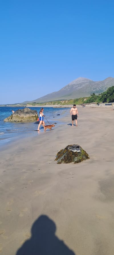 This image depicts a beach scene on a sunny day, likely in Louisburgh, Ireland, as indicated by the presence of a distinctive conical mountain in the background. In the foreground, a woman with long brown hair is walking a small, tan-colored dog on a leash along the wet sand at the edge of the water. She is wearing a white tank top and blue shorts. To the right of the woman, a man with dark hair is walking shirtless in black shorts. Further down the beach, other people are visible in the distance. The sea is a clear blue, and waves are gently lapping the shore. In the middle ground, a large rock sits in the shallow water, and another rock covered in seaweed is on the sand, topped with a pair of gray shoes. The background features a coastline with green hills and the aforementioned prominent mountain. The sky is a clear, bright blue. A shadow of the photographer is visible in the lower portion of the frame.