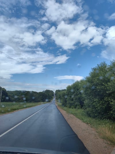 The image captures a view from a vehicle driving on a wet asphalt road with a white line marking the lane. The road stretches into the distance, appearing to ascend a slight incline. On the right side of the road, a dense line of green trees with full foliage forms a natural barrier. The left side of the road features a field with crops, transitioning to more trees in the distance. A utility pole is visible on the far left. The sky is a bright blue with scattered white clouds. The presence of water droplets on the lens suggests it may be raining or has recently rained. The environment appears to be rural, consistent with the location in Дзяржынскі сельскі Савет, Belarus.