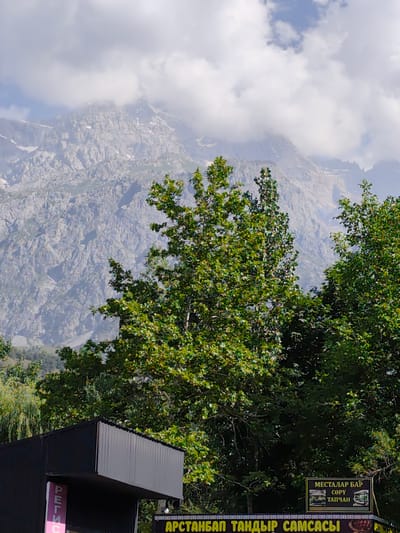 The image depicts a mountainous landscape in Arstanbap, Kyrgyzstan, characterized by rugged, rocky peaks partially obscured by clouds. In the foreground, lush green trees, predominantly deciduous, dominate the view, with their leaves appearing full and vibrant. Below the trees, a dark, metallic structure with corrugated roofing is visible, suggesting a kiosk or small building. A vertical sign with pink lettering, appearing to be "РЕГИС", is attached to the left side of this structure. To the right of the metallic structure, a yellow sign with dark lettering displays text in what appears to be Cyrillic script, with the words "МЕСТАЛАР БАР", "СӨРУ", and "ТАПЧАН" prominently visible. Below this, another prominent yellow sign with dark text reads "АРСТАНБАП ТАНДЫР САМСАСЫ". The overall scene conveys a natural, possibly tourist-oriented setting, given the presence of signage related to food and local offerings.