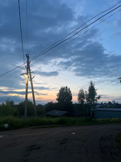 The image depicts a rural scene in Borodulino, Russia, likely during twilight. A prominent wooden power pole with a lit lamp stands center-left, supporting multiple electrical wires that stretch across the frame against a cloudy sky with hints of orange and pink from a setting sun. Below the wires and pole, a dirt road curves into the foreground, showing tire tracks and puddles. To the right of the road, dense green foliage and trees are visible, interspersed with the roofs of small, weathered buildings and what appears to be a larger, dark blue structure. In the distance, a village or settlement with several houses and possibly water towers can be seen. The overall atmosphere is quiet and somewhat desolate.