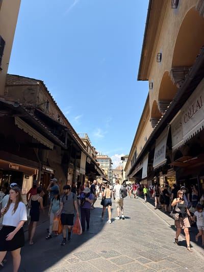 The image shows a crowded pedestrian street lined with shops on both sides. The street is paved with cobblestones and illuminated by bright sunlight, casting shadows. The buildings on either side of the street appear to be old, with historical architecture, including arched windows and tiled roofs. Some of the shops have awnings providing shade. A variety of people are walking in both directions, some carrying shopping bags. The scene suggests a busy tourist area. In the distance, a glimpse of a dome, possibly the Duomo, can be seen, indicating the location is Florence, Italy. Specifically, this appears to be the Ponte Vecchio, a famous bridge in Florence known for its shops.