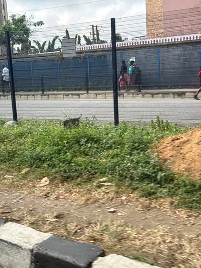 The image depicts a street scene in Falomo, Nigeria, observed from a low angle behind a fence. In the immediate foreground, a black and white striped curb runs horizontally, bordered by a dirt strip with sparse dry grass and scattered debris. To the right, a mound of light brown sand or dirt is present. The mid-ground features a dense patch of green vegetation.

A wire mesh fence with two prominent black vertical posts spans the central portion of the frame, separating the foreground from a paved road. Beyond the road, a raised concrete curb or sidewalk runs along the base of a blue wall with visible horizontal support beams. Above this blue wall, a structure with a red and white patterned facade is visible, topped by barbed wire fencing. To the left, green trees and foliage, including distinctive banana leaves, are seen. Further left, a multi-story building with a light pinkish-brown exterior is partially visible. In the background to the left, a utility pole with multiple cross arms and electrical lines stands against an overcast sky.

Several individuals are present beyond the fence. On the far left, one person in a light-striped shirt and dark trousers stands facing right. In the central background, three individuals are walking from left to right along the sidewalk behind the blue wall. The first is dressed in dark clothing and carries a reddish bag. The second wears a light blue-green top, a dark skirt, and balances a white object on their head. The third, also in dark attire, carries a pink or red item. On the far right, the lower body of another individual, wearing dark shorts and sneakers, is partially visible as they walk towards the right.