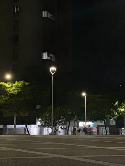 The image depicts an urban nighttime scene in Perímetro Urbano Barranquilla, Colombia. In the foreground, a paved ground surface with white line markings is visible. Behind this, a low-lying white fence runs horizontally across the frame. Two individuals and a dog are present near the fence, with one person bending down and the other seated. The middle ground features lush green trees illuminated by streetlights. A prominent lamppost stands to the left of center, casting a bright light. Further back, a dark building with visible lit windows rises into the night sky. The overall atmosphere is that of a public space after dark.