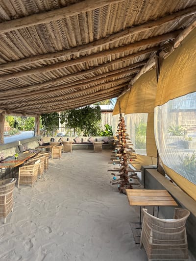 The image captures an outdoor or semi-outdoor dining and lounge area, typical of a beach club or restaurant in a tropical setting. The scene is illuminated by bright daylight.
To the left, a large, rustic thatched roof, made from woven dried leaves and supported by wooden poles, dominates the foreground. On the right, a light grey concrete or stucco wall runs parallel to the thatched structure. The floor throughout the area is composed of sand, showing numerous footprints, indicative of a beachside location.
Along the concrete wall, various seating arrangements are visible. These include several individual wicker chairs, each fitted with dark, patterned cushions, and a longer, low-slung sofa section, also cushioned. Simple wooden tables are placed alongside the seating.
Above, a canopy is formed by a combination of beige fabric panels and translucent material, allowing light to filter through. A decorative garland or string of ornaments is suspended from the overhead structure, extending down the length of the space. This decoration is crafted from natural elements such as small branches and what appear to be pinecones, adorned with small blue and silver baubles.
In the background, lush green foliage and trees can be seen, contributing to the tropical ambiance. No people are present, and there is no visible text in the image. The overall impression is one of a serene and natural leisure space, consistent with a resort or restaurant in a coastal area like Kiwengwa, Tanzania.