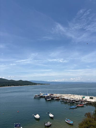 This is an aerial, high-angle view of a harbor in Olympiada, Greece, on a sunny day with a blue sky and scattered white clouds. The water is a deep blue, reflecting the sky, and has gentle ripples. A long, concrete pier juts out into the water, lined with numerous small to medium-sized fishing boats docked side-by-side. These boats are mostly white, with some featuring dark hulls or canopies. Several smaller vessels are moored in the calmer waters closer to the shore. There is a lighthouse structure on the pier, and various containers and equipment are visible along the pier's edge. In the distance, a lush, green, tree-covered mountain range forms the coastline, with some buildings scattered along its base and further inland. The sea extends to the horizon, where it meets a hazy, layered mountain landscape under the sky.