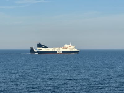 A large blue and white ferry, identified by the "DFDS" logo on its side and funnel, sails across a vast, calm blue ocean under a clear sky. The ferry is moving from left to right, leaving a visible wake behind it. The vessel has multiple decks and appears to be a cargo or passenger ferry. Smoke is emanating from its funnel. The horizon is visible in the distance, separating the sea from the sky. The scene suggests open water, with no land or other vessels immediately visible. The location is unknown, but the question specifies Sweden.