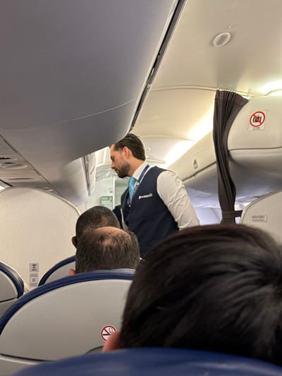 Inside an airplane, a flight attendant in a vest is inspecting the overhead compartment. Passengers' heads and the back of the seats are visible. Signs with pictograms are above the passenger seats. The interior is illuminated with bright light. The scene captures a moment during air travel.