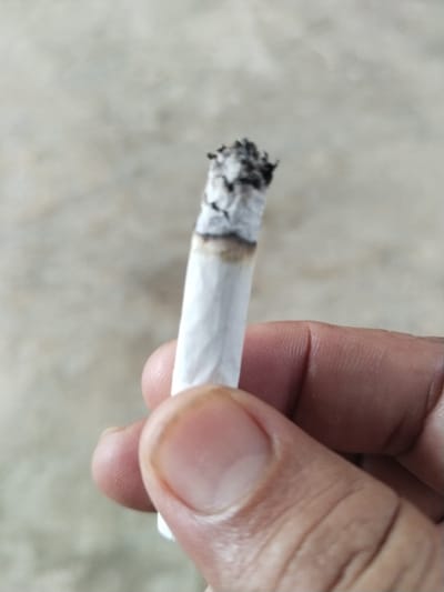 A close-up, vertical photograph captures a person's hand holding a lit cigarette or hand-rolled joint. The hand occupies the lower right section of the frame, with the thumb and parts of the fingers visible, gripping the white paper of the smoking item. The skin appears to be a medium tone, with visible creases and lines on the thumb and fingers.

The cigarette or joint is positioned centrally, extending upwards. Its tip is covered in a significant amount of dark, coarse, and irregular ash, indicating it has been actively burning. Below the ash, the white paper wrapper shows a band of brown discoloration where the tobacco has combusted.

The background is completely blurred and out of focus, appearing as a soft, light gray-beige surface. This indistinct background provides no specific location cues beyond the context of Meunasahpantonlabu, Indonesia. No specific time of day or weather conditions can be determined from the diffused lighting. There is no visible text in the image.