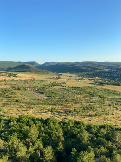 This is a high-angle, full-shot, vertical, outdoor photograph of a rural landscape under a clear blue sky. In the foreground, a dense forest of green trees occupies the lower portion of the frame, with their tops illuminated by sunlight. Beyond the forest, a rolling hillside is covered in dry, golden-brown grass interspersed with patches of green vegetation and scattered trees. Further in the midground, there are signs of agriculture with rows of crops, possibly vineyards, and several small structures that appear to be houses or outbuildings. A single, small brown-roofed house with a red accent is visible amongst the vegetation. In the background, rolling green hills form the horizon, with some of them featuring flat, plateau-like tops. A small village with white-roofed buildings is nestled in the valley between these hills. The overall impression is one of a serene, rural landscape bathed in the warm light of what appears to be late afternoon or early morning. The location is specified as Krasnomakskoye rural settlement, Ukraine.