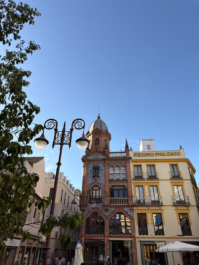 The image shows a street scene in Seville, Spain, under a clear blue sky. The perspective is from a low angle, looking up towards the buildings and trees.
The main subjects are the architecture of several buildings and a street lamp. The buildings display a mix of architectural styles. One building has a cream-colored facade with yellow trim and multiple windows with balconies. Above the windows, text is visible: "PEDRO ROLDAN". Another building below it features intricate tilework in blue and white, with decorative arched windows and a domed roof with a checkered pattern. Further down the street, more buildings are visible, some with shops at street level.
A prominent object in the foreground is a decorative wrought-iron street lamp with two globe-shaped lights. Lush green foliage from trees partially obscures the lower part of the scene, suggesting it's daytime with sunlight filtering through the leaves.
The scene appears to be a bustling street, likely in a historical area of Seville, given the architectural details. The clear blue sky indicates good weather. The time of day seems to be late afternoon or early evening, judging by the quality of light. While there are no prominent people in the main focus, some figures are visible in the background, suggesting normal street activity. The overall impression is one of a vibrant urban environment with a rich architectural heritage.