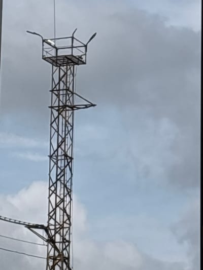 A tall, metal lattice tower stands against a cloudy sky. The tower is topped with a square platform, featuring a single, illuminated light fixture and two pointed metal structures extending outward. A ladder runs vertically along the tower's interior. A horizontal metal support structure extends from the tower to the left, with several wires attached. The tower appears to be located in an open area, possibly near industrial or utility infrastructure, within the city of Megion, Russia. The sky is overcast with a mix of light and dark gray clouds.