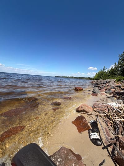 The image depicts a waterfront scene on a sunny day. The foreground is dominated by a sandy beach littered with rocks and some debris, including a pair of black Givenchy slides with white lettering. The water is clear and shallow near the shore, revealing submerged rocks. Gentle waves are lapping onto the beach. In the background, a vast body of water stretches to the horizon, meeting a clear blue sky with scattered white clouds. A line of trees and vegetation borders the far side of the water, and a faint landmass is visible in the distance. The scene suggests a peaceful, natural setting. Based on the provided context, this scene is located in Lebedivka, Ukraine.