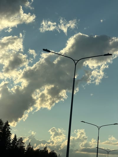 The image depicts a sky filled with dramatic clouds, illuminated by the golden light of either sunrise or sunset. Silhouetted against the sky are the dark forms of streetlights and the tops of evergreen trees. The clouds are varied, with some appearing dense and dark, while others are wispy and catch the sunlight, creating a contrast between light and shadow. The scene has a serene and slightly melancholic feel, characteristic of transitional times of day. The location is specified as Brilliant, Russia. There is no visible text in the image.